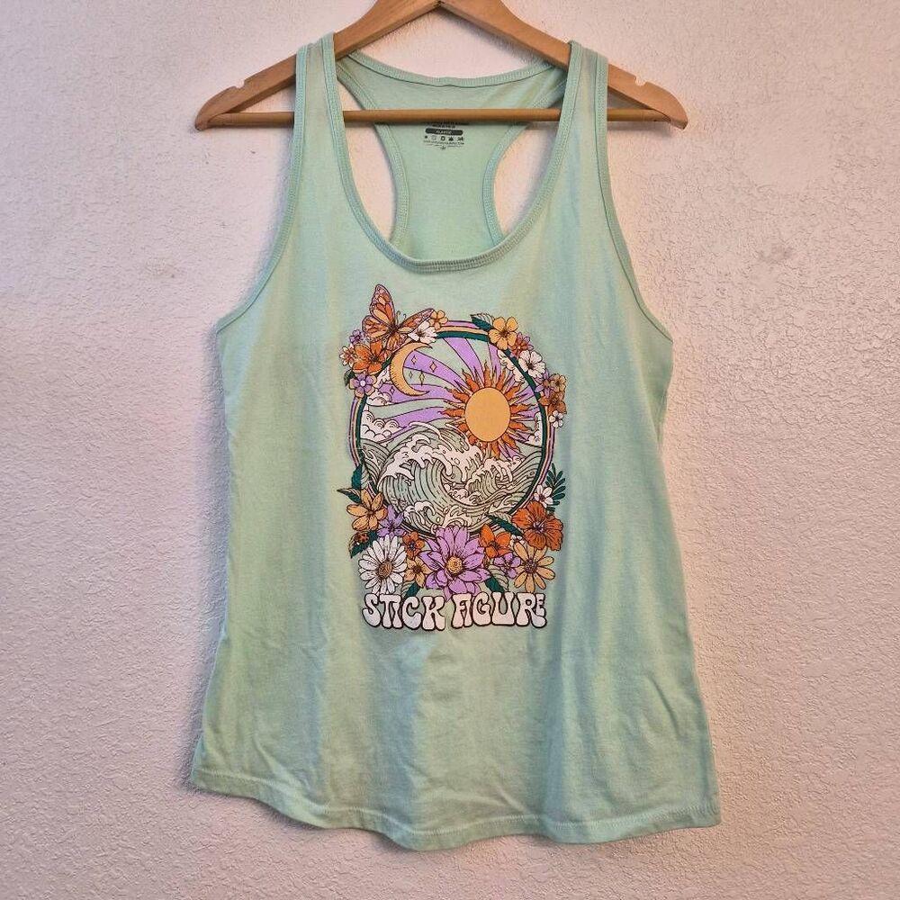 NWOT Stick Figure green Racerback Tank Top: Summer Festival Reggae California